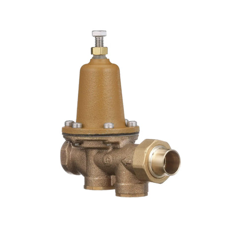 Lead Free Three Quarter Inch Water Pressure Reducing Valve With Solder Union Outlet And NPT Female Outlet Polymer Seat Heavy Duty Adjustable 25 To 75 Psi Max 300 Psi Cast Copper Silicon Alloy shown with brass finish