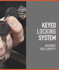 Close-up of hand holding keys unlocking a secure system, emphasizing the keyed locking feature for added security.