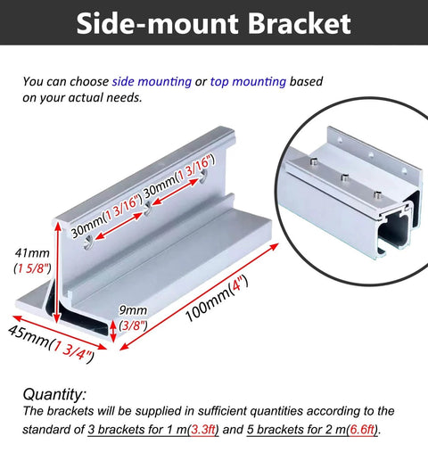 Side-mount bracket for Dual Soft-Close Frameless Glass Sliding Door Track System with measurements in millimeters.