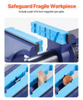 Heavy Duty Bench Vise With 6.5 Inch Jaw Width And 5 Inch Opening showing 6-inch magnetic jaw pads with objects clamped