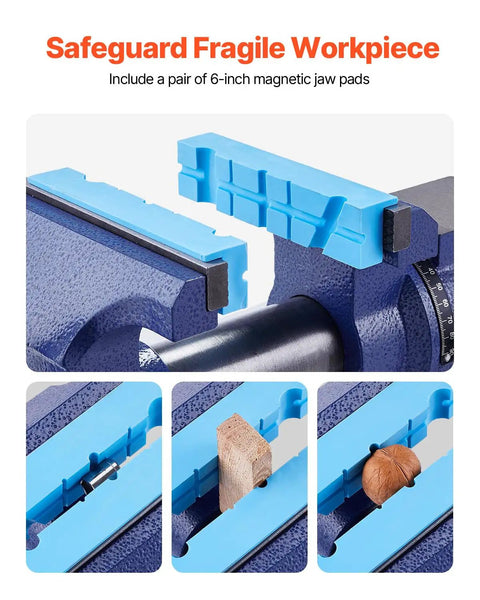 Heavy Duty Bench Vise With 6.5 Inch Jaw Width And 5 Inch Opening showing 6-inch magnetic jaw pads with objects clamped