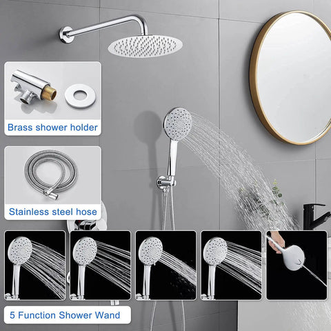 Bathtub Shower Faucet Set With Valve And Tub Spout 10 Inch Rain Shower Head And Handheld System Wall Mount Chrome Finish