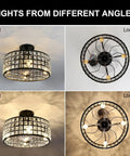 Industrial Ceiling Fan With Lights Remote Control And Pull Chain Rustic Metal Farmhouse Cage Style Ceiling Fan Wood Black Enclosed Chandelier Fan For Living Room Dining Room Bedroom Indoor Use, lights from different angles, front and look up views.