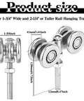 8 Pack Wheel Trolley Barn Door Rollers For One And Three Quarter Inch Wide Tracks And Two And Quarter Inch Or Taller Rails Heavy Duty Beam Trolleys For Mounting Barn Or Shed Sliding Doors Solid Steel Construction shown with dimensions.