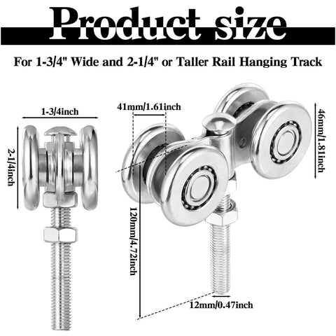 8 Pack Wheel Trolley Barn Door Rollers For One And Three Quarter Inch Wide Tracks And Two And Quarter Inch Or Taller Rails Heavy Duty Beam Trolleys For Mounting Barn Or Shed Sliding Doors Solid Steel Construction shown with dimensions.