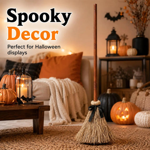 Floating Witch Broom 37 Inch Lit Up Dancing Broomstick With Motion Activation Touch Sensing Spooky Sounds Mute Mode Indoor Party Decor For Haunting Displays And Seasonal Cheer, straw broom in Halloween living room