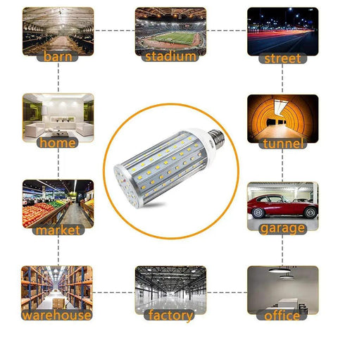 Ultra Bright 60W LED Corn Light Bulb E26 E27 Base 6000K Daylight 6000LM images showing usage in various settings like garage and office