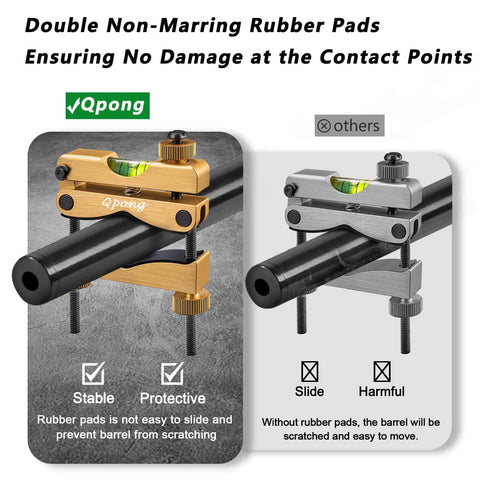 Two Qpong scope leveling kits with bubble level clamps; gold left and silver right, rubber pads protect scope