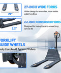 Two Pack Heavy Duty Electric Pallet Jack With 4400 Lbs Capacity Motorized Forklift Truck For Warehouse Work, Feature 27-inch wide forks.