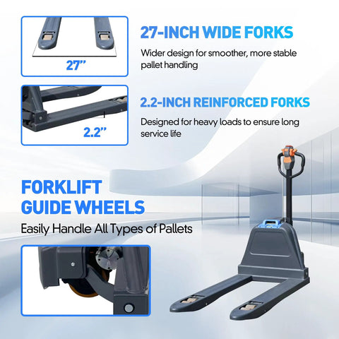Two Pack Heavy Duty Electric Pallet Jack With 4400 Lbs Capacity Motorized Forklift Truck For Warehouse Work, Feature 27-inch wide forks.