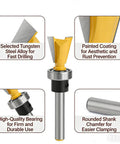 Game Changing Dovetail Router Bit With Precision Stepped Rabbet Design For Slick Woodworking Joints And Snappy Dust Clear Out Heavy Duty Shop Ready Tool close-up of tungsten steel alloy bit with painted coating and rounded shank.
