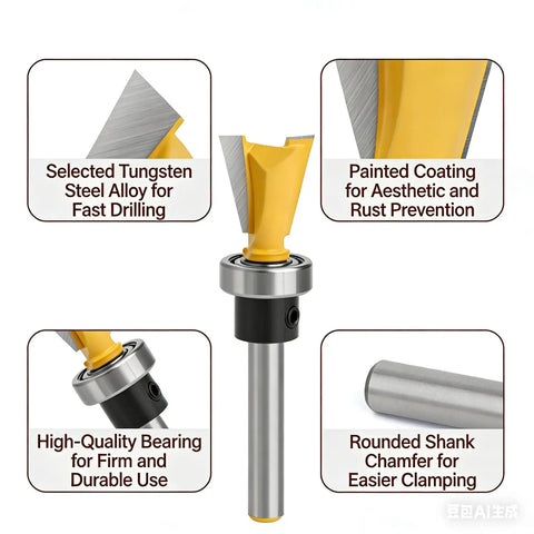 Game Changing Dovetail Router Bit With Precision Stepped Rabbet Design For Slick Woodworking Joints And Snappy Dust Clear Out Heavy Duty Shop Ready Tool close-up of tungsten steel alloy bit with painted coating and rounded shank.