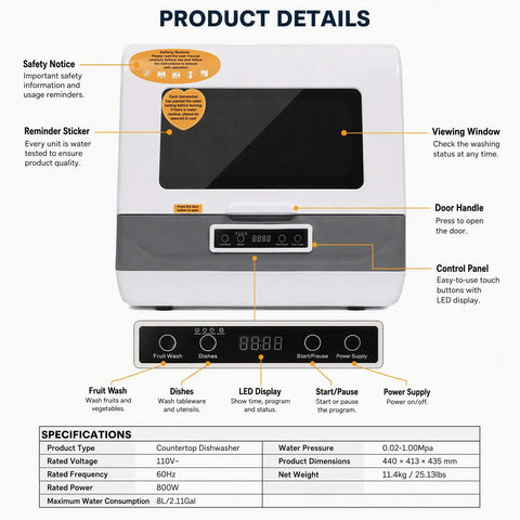 No Sweat Stainless Countertop Dishwasher featuring twelve power spray jets, control panel, and viewing window.