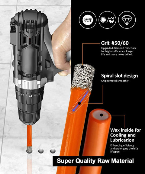 BGTEC dry diamond drill bit set, 1/4 in (6 mm) bit mounted on a drill for stone and tile work