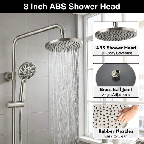 Retrofit Rain Shower System With 8 Inch Rainfall Shower Head, 5-Setting Handheld Spray, Slide Bar, Wall Mount, Brushed Nickel Finish