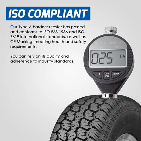 Pocket Size Shore A Hardness Meter Durometer 0-100HA Digital Tester With Large LCD Display For Rubber Leather Resin Fiber Glass Wax And More Ideal For QC And Material Testing., ISO compliant durometer testing tire tread