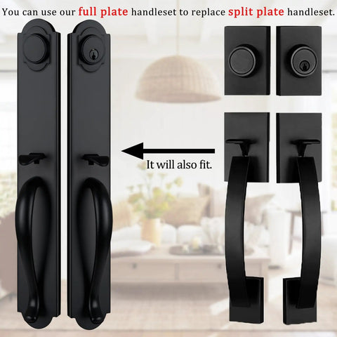 Matte Black Double Door Handle Set with Keyed and Dummy Latches, Zinc Alloy Durable Finish, Movable Hole Position Fits US Doors