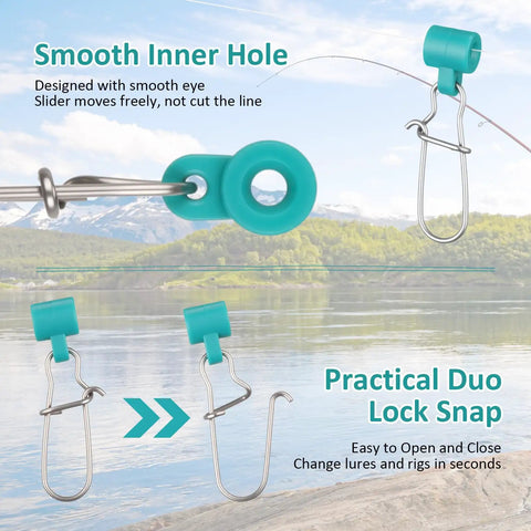 Close-up of 150 Pcs Fishing Line Sinker Slides For Catfishing Rig With Duo Lock Snaps, green, showing smooth inner hole and snap