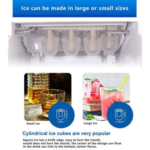 No Fuss Countertop Ice Maker Rolling Out Rapid Chill With Fifteen Kilos Daily Output And Snappy Nine Cube Runs showing small and large cylindrical ice cubes.