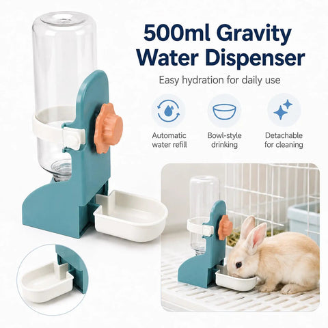 Heavy Duty 2 In 1 Hanging Hay Rack And Water Bottle Combo With Spacious Food Bowl For Bunnies Guinea Pigs Chinchillas And Little Critters Keeping Cages Clean, featuring 500ml gravity water dispenser.