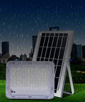 Heavy Duty Double Head Solar Flood Lighting With Remote And IP67 Waterproof Shield for outdoor use in rainy weather.
