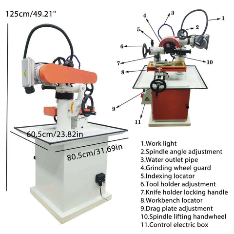 220V Universal Cutter Grinder And Saw Blade Sharpener Featuring Adjustable Angle Alignment Water Cooling Loop For Crushing Carbide Tipped Edges Drill Bits And Mill Cutters Heavy Duty Shop Workhorse Built Tough with detailed features and dimensions.