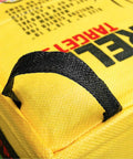Close-up of the handle on the Beast Mode Archery Target Bag For 450 FPS Practice Cube Field Point Target with yellow durable fabric.