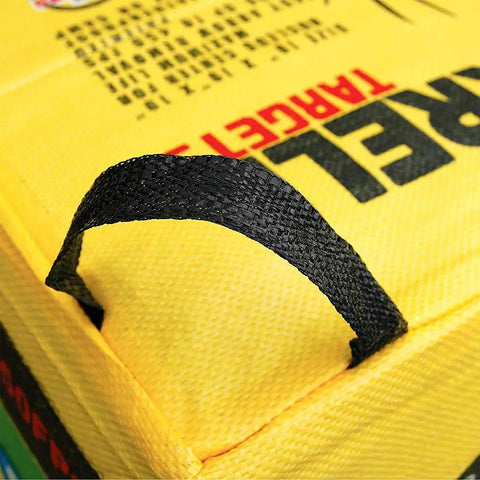 Close-up of the handle on the Beast Mode Archery Target Bag For 450 FPS Practice Cube Field Point Target with yellow durable fabric.