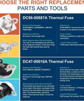Infographic showing parts and tools for DC96-00887A and DC47-00016A thermal fuse replacements.