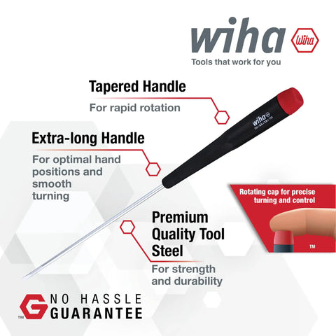 PicoFinish Mini Precision Screwdriver Set with tapered handle and rotating cap for electronics repair, labeled features in image.