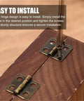 No Hassle Mini Jewelry Box Hinges Sweet Bronze Gold Cabinet Hardware for woodworks, showing installation on a wooden box.