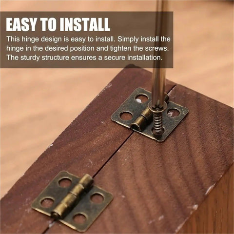 No Hassle Mini Jewelry Box Hinges Sweet Bronze Gold Cabinet Hardware for woodworks, showing installation on a wooden box.