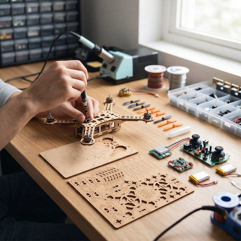 Assembling a Beginner Friendly DIY Wooden Drone Kit With Full Protective Frame on a workbench with electronic components.