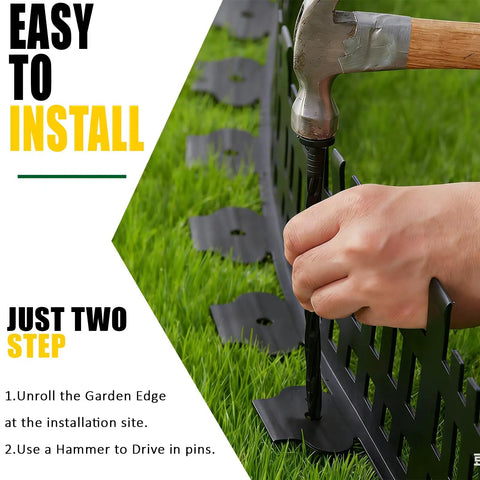 Hand using hammer to install Flexible Garden Edging Border Kit 33 Ft Black Lawn Edging With 60 Stakes into grass