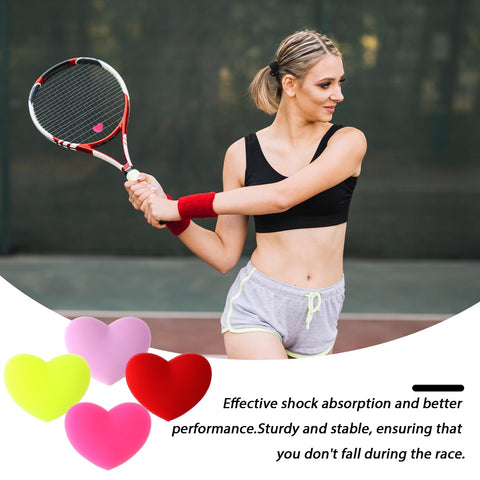Woman playing tennis with heart shaped tennis dampeners set of 4 silicone vibration absorbers for rackets in colorful hues with text.