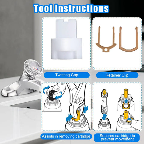 Instructional diagram for Two Pack Brass Dual Seal Faucet Cartridge Replacement For Moen 1225 1225B with retainer clips and twist cap