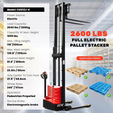 Built Different Full Electric Pallet Stacker With 2640 Pound Capacity And Lithium Battery Walkie System Featuring 118 Inch Lift Height in warehouse.