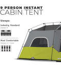 Side view of Instant Cabin Tent for 9 People, Large Multi Room Family Pop Up Shelter, demonstrating sleeping capacity and design.