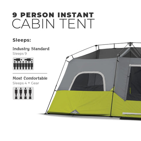 Side view of Instant Cabin Tent for 9 People, Large Multi Room Family Pop Up Shelter, demonstrating sleeping capacity and design.