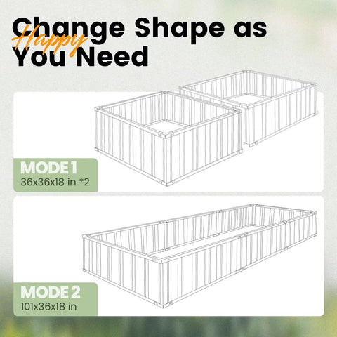 Diagram of galvanized raised garden bed with two installation options, modes 1 and 2, measures 101x36x18 inches for outdoor use.
