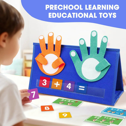 Hands On Preschool Math Toy Set with desktop number board, colorful cards, and addition activity for toddlers and early learners.