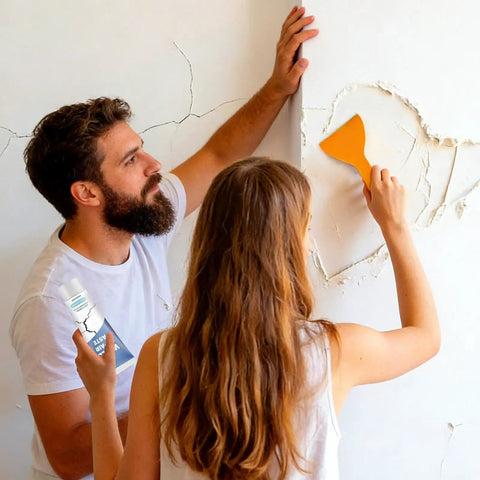 Two people using Wall Repair Paste Crack Filler Kit With Fast Dry Putty For Drywall Concrete Tile And Ceiling Seamless Texture Patch No Mess Easy Fix For Cracks And Holes Home Improvement Must Have For DIY Repairs on a wall with cracks.
