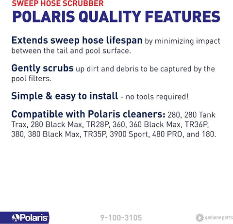 Text detailing Polaris quality features and compatibility for Sweep Hose Scrubber Fits 180 280 280 Tank Trax 280 Black Max TR28P 360 360 Black Max TR36P 380 380 Black Max TR35P 3900 Sport 480 Pro and Other Compatible Models Plug And Play Easy Install Premium Performance Replacement Part