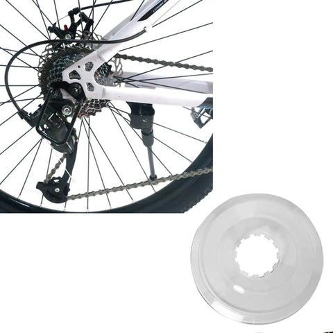 Rear view of a mountain bike showcasing a freewheel spoke protector and spoke covers for mountain bikes, chain guard, flywheel guard, transparent bike wheel guard, 2 pack, durable, low profile protection.