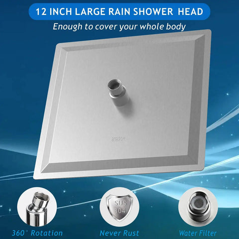 High Flow 12 Inch Rain Shower Head With Stainless Steel Square Waterfall Design, Brushed Nickel Finish