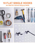 Ten flat single hooks on a pegboard displaying tools and accessories, showing versatility for organizing in garages and workshops.