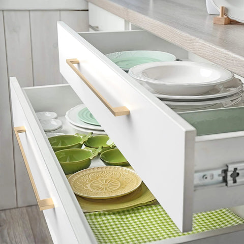 Open kitchen drawers with 6 Pack 10 Inch Hole Centers Brushed Brass Cabinet Pulls Set For Cabinets And Drawers Zinc Alloy Gold Hardware.