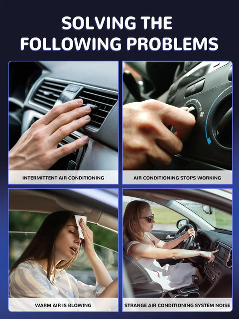 Image showing solutions to air conditioning issues: fixing intermittent cooling, system noise, warm air, and A/C stop working.