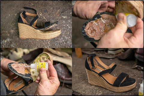 Professional Grade Footwear Glue With Instant Bond And Clear Flexible Finish A Quick No Clamp Needed Fast Acting Adhesive shown repairing a sandal