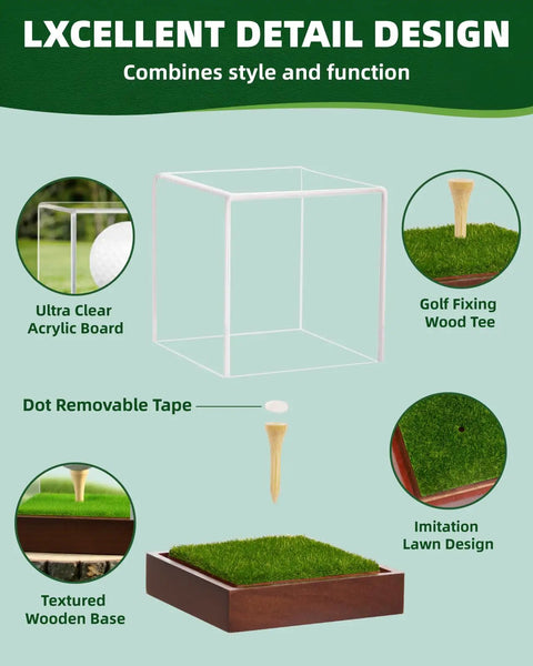 Epic Golf Ball Display Case With Clear Acrylic Cube And Solid Wood Base showcasing design details like wood tee and imitation lawn.